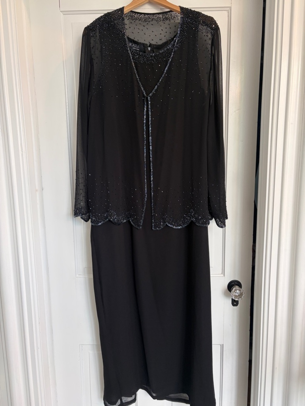 J Kara Black Beaded Long Dress/Jacket with Sheer Sleeves Sz 16 Wedding/ Mother